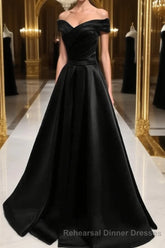 Black Satin Off Shoulder Long Simple Evening Dress Semi Formal Prom Dresses,Stunning Party Gown